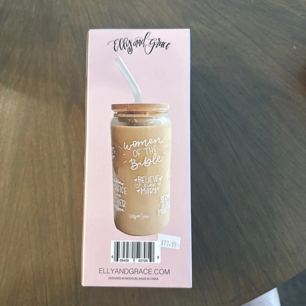 Elly and Grace Women Of The Bible 20oz Glass Cup Bamboo Lid Glass Straw NEW